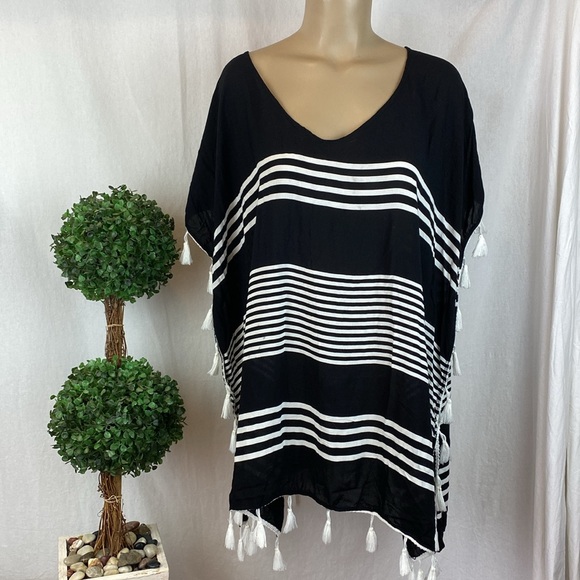 C&T Beach Black & White Striped Fringe Trim Short Sleeve Swim Cover Up L - Picture 1 of 5